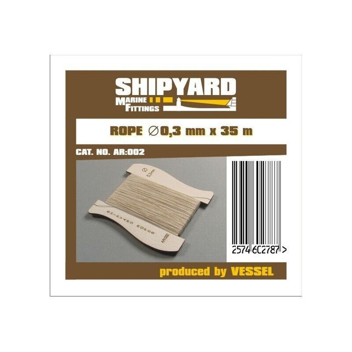 Photo of Shipyard's 0.30mm Rope, a 35-meter spool, ideal for precision rigging and detailing in scale model shipbuilding.