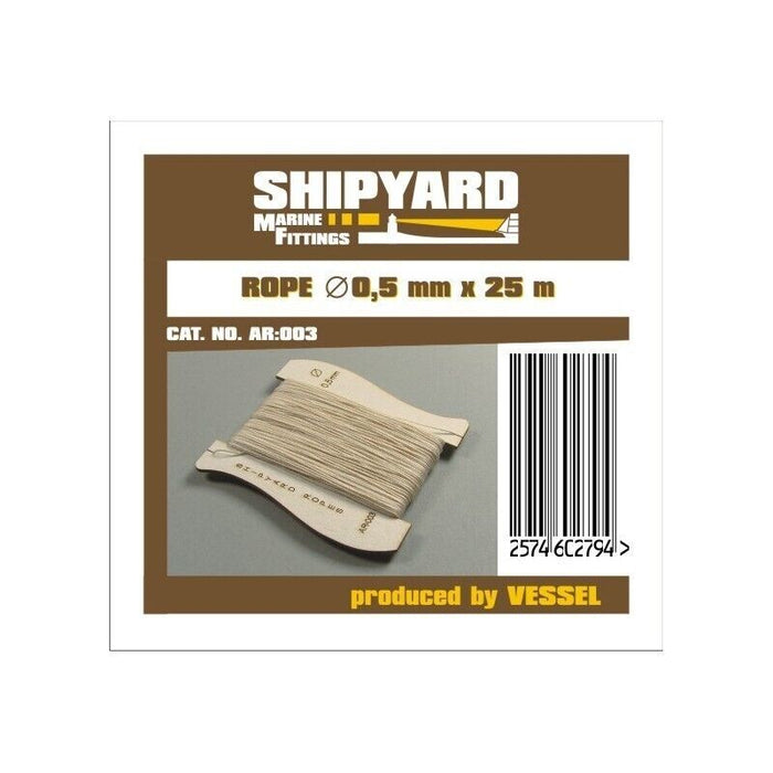 Photo of Shipyard's 0.5mm Rope, 25 meters long, showcasing its fine quality and suitability for detailed model ship rigging and intricate scale work.