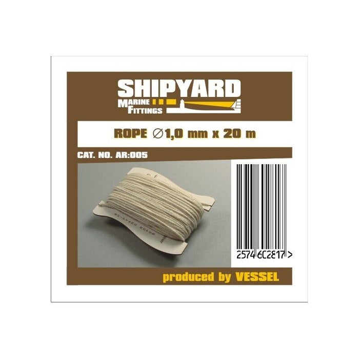 Image showcasing Shipyard's 1.0mm Rope, a 20-meter coil designed for detailed model ship rigging, highlighting its thickness and texture for authentic scale modeling.