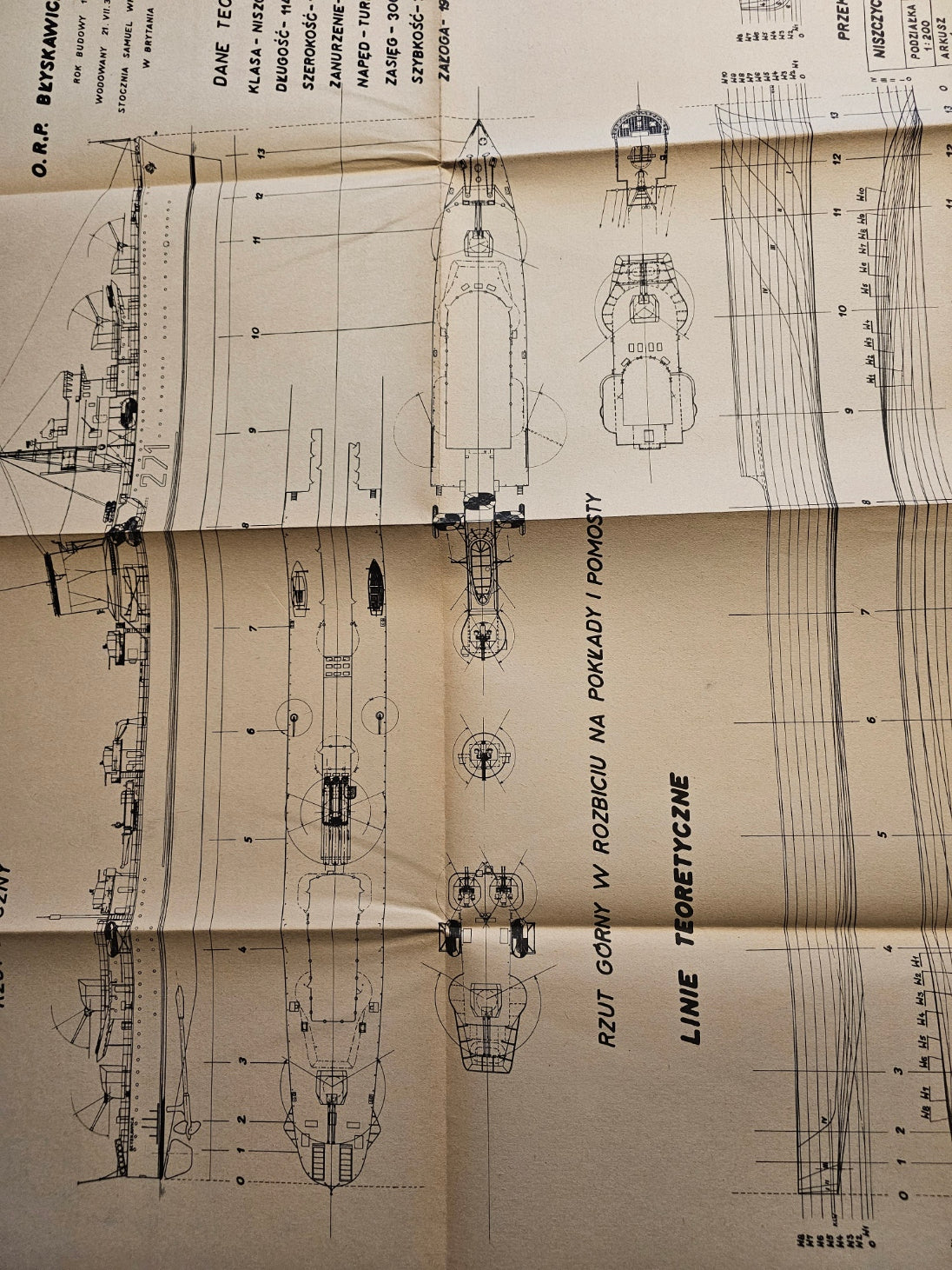Vintage 1973 construction plans for ORP Blyskawica & ORP Garland by LOK Publishing, showing the authentic discoloration and condition of the paper.