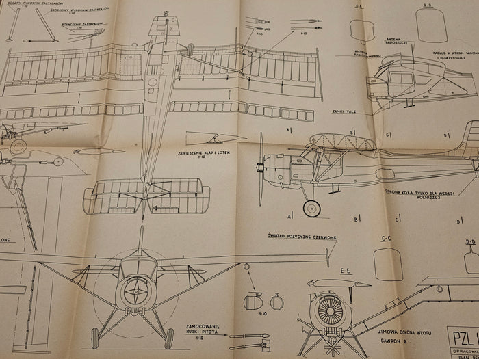 Image of the vintage 1972 PZL Gawron Plane model construction plans by LOK Publishing, showing natural paper discoloration and wear indicative of its historical value.