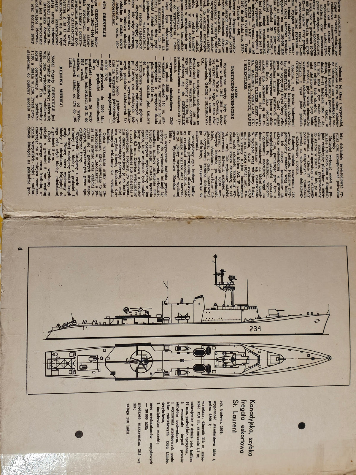 Vintage 1971 construction plans for the British Frigate Grenville by LOK Publishing, showing detailed blueprints with noticeable paper discolorations.