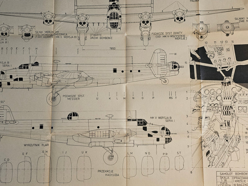 Image of the 1980 Halifax Bomber Model Plans, showing the detailed A1 sheets and the vintage cover, highlighting the plans' excellent condition and historical value.