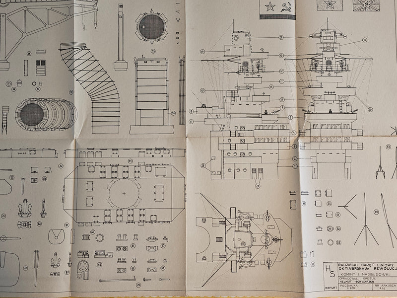 Detailed view of the 1974 Oktiabrskaja Rewolucja Soviet Battleship model plans, published by LOK, showcasing the intricacy and historical accuracy of the six A1 sheets.