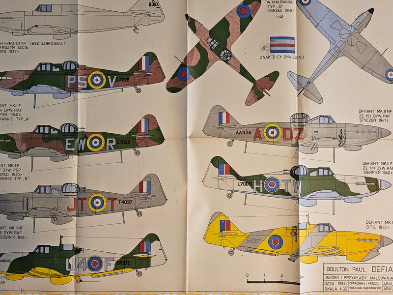 Photo of the 1981 LOK Defiant Fighter Aircraft Model Plans, showcasing the cover's wear and the detailed sheets inside, reflecting its historical value and condition.
