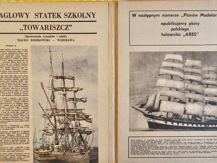 Photo of vintage 1981 'Towariszcz' Russian sail training ship model plans by LOK, showing slightly worn cover but well-preserved interior detail on 5 A1 sheets.