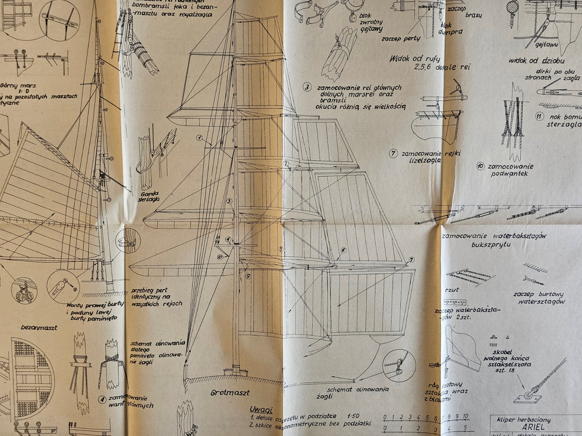Photo of the slightly worn cover of the 1980 Ariel Tea Clipper Model Plans by LOK, highlighting the plan's overall good condition.