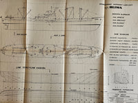 Image of vintage 'Oliwa' Polish cargo ship model plans by LOK, 1979 edition, showing the slightly worn cover taped for protection but plans in great condition.
