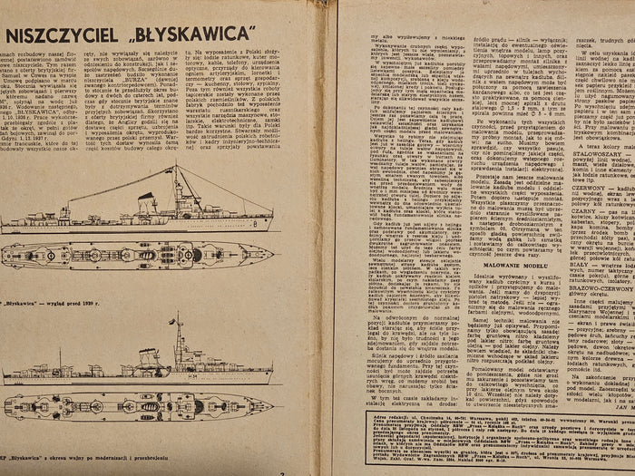 Image of the cover and sample pages from the 1978 ORP Błyskawica Polish Destroyer Model Plans by Liga Ochrony Kraju, highlighting the historical detail and the condition of the plans.