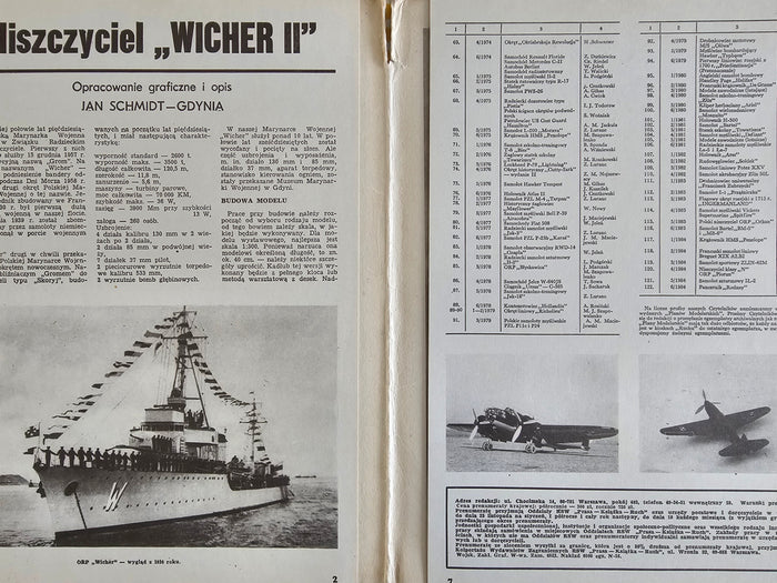 Photo of the Wicher II Polish Destroyer model plans cover, showing visible wear, alongside the detailed A1 sheets depicting the historic naval ship.