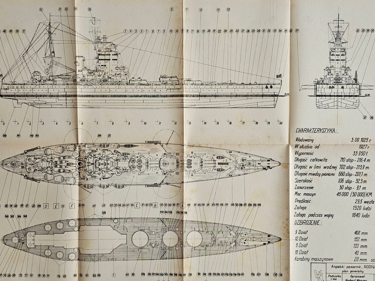 Image of the 1984 HMS Rodney battleship model plans by Liga Ochrony Kraju, showcasing the cover's wear and the historical detailing of the 7 A1 sheets.