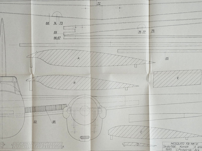Detailed view of De Havilland Mosquito FB Mk VI model plans by LOK, showing the cover's wear and the historic blueprints within.
