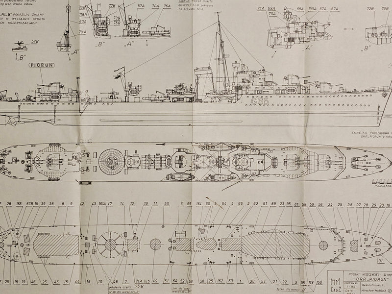 Photo of the cover and sample sheets of ORP Piorun WWII Destroyer Model Plans by LOK, showing historical details and the condition of the plans.