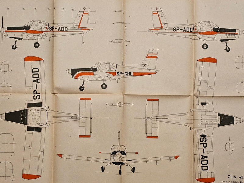 ZLIN-42M Czechoslovak Sport Aircraft Model Plans cover showing wear, with detailed schematics for aviation enthusiasts and modelers.