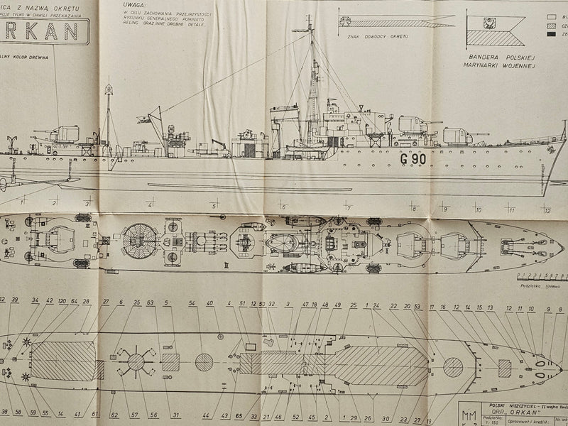 Detailed view of HMS Myrmidon/ORP Orkan WWII Destroyer Model Plans by LOK, showcasing the historical design on 6 A1 sheets, with note on cover wear and age-related discolorations.