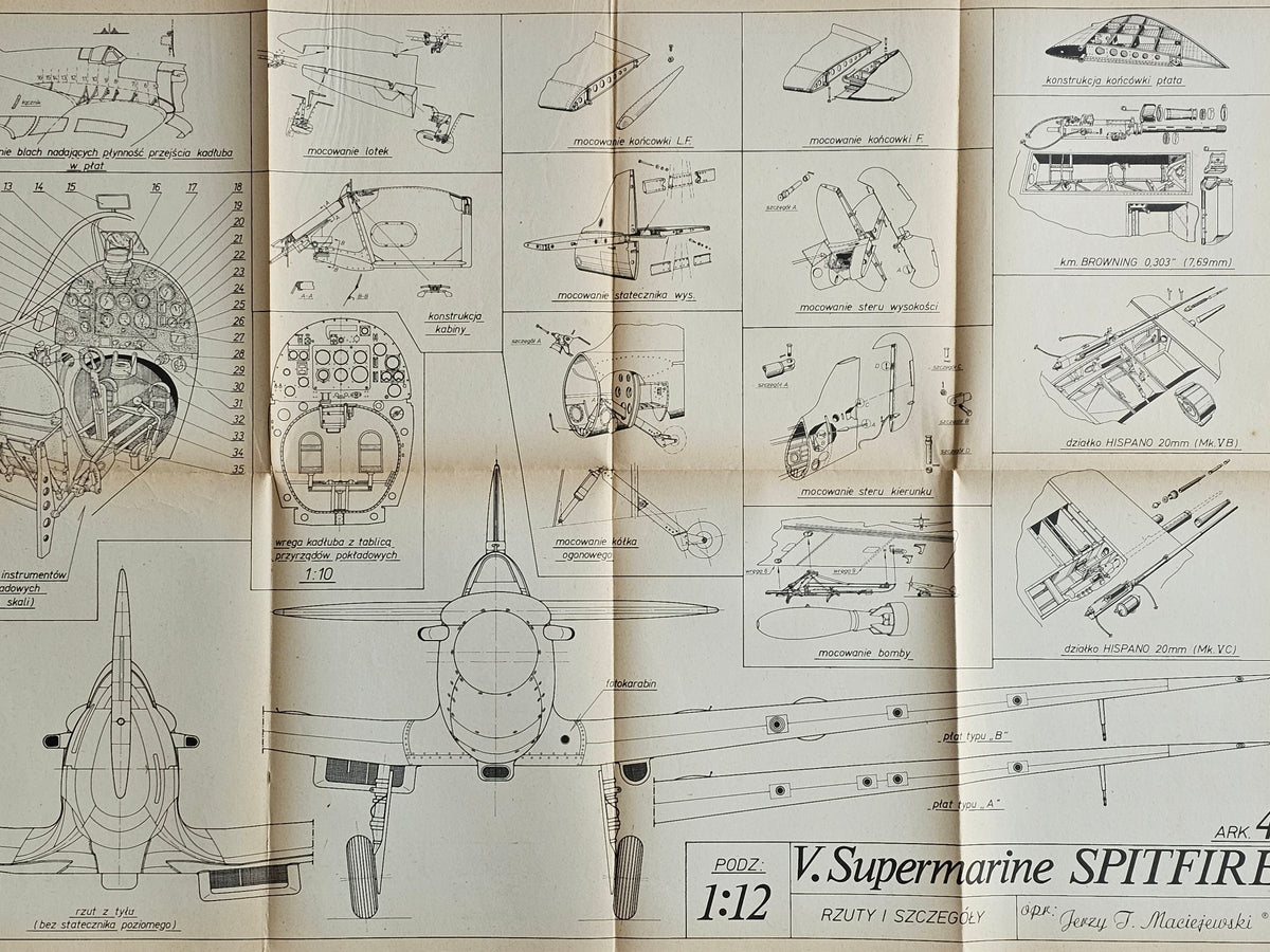 Photo of historic Spitfire Mk. I-V model plans by LOK, showing the detailed A1 sheets and the cover's wear, highlighting the collection's authenticity and age.