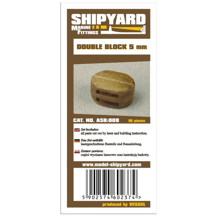 Image of Shipyard's 5mm Double Block Card, showcasing precise, self-assembly double blocks designed for detailed model ship rigging and enhancements.