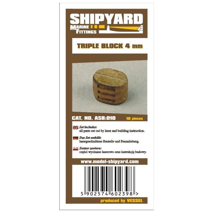 Photo of Shipyard's 4mm Triple Block Card Rigging Blocks, a set of 10 pieces for detailed model ship assembly, showcasing the precision and quality of the blocks.