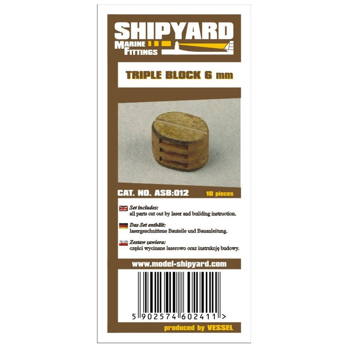 Photo showcasing the Triple Block 6mm Card Rigging Block Kit by Shipyard, featuring 10 precision-cut card blocks for detailed model ship rigging.