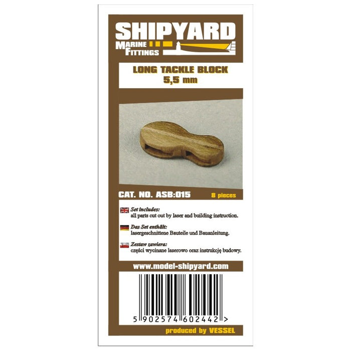 Image showcasing the Long Tackle Block 5.5mm by Shipyard, a high-quality card rigging block designed for precise and realistic model ship assembly.