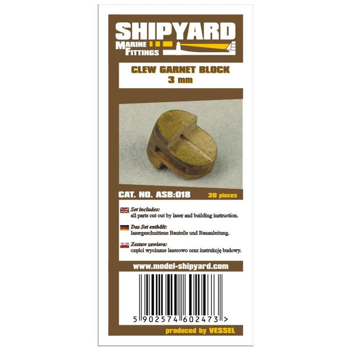Image of Shipyard's Clew Garnet Card Block 3mm Kit, showcasing the intricate components for self-assembly, ideal for detailed rigging on model ships.