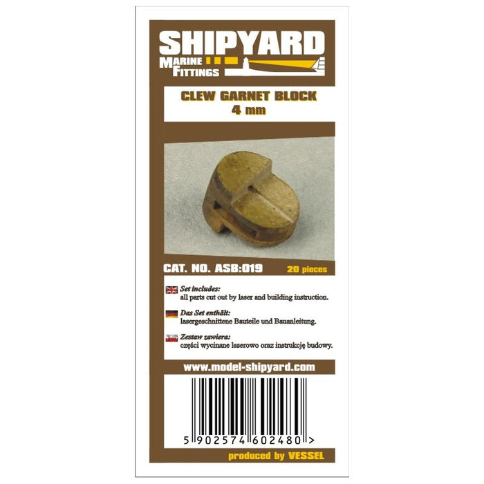 Photo of Shipyard's Clew Garnet Card Block 4mm, showcasing a precision-crafted, self-assembly block for detailed rigging in model shipbuilding.