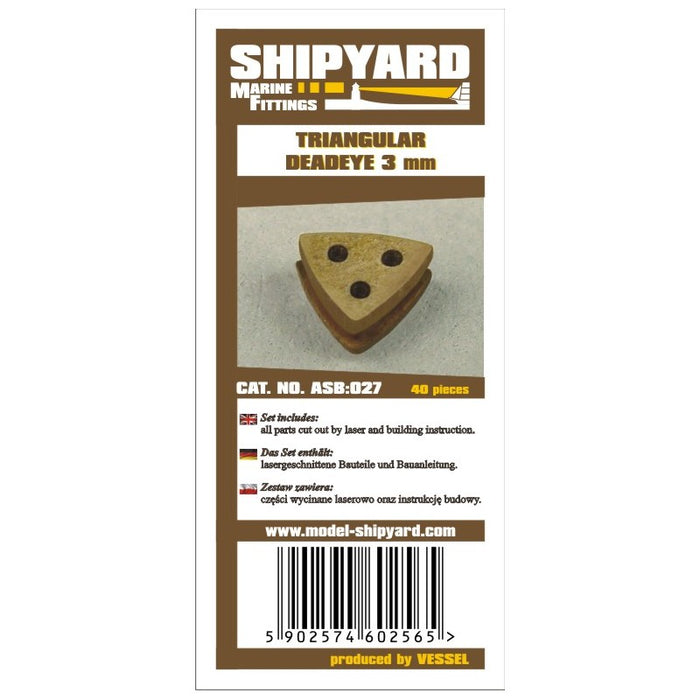 Image showcasing the Triangular Deadeye 3mm Card Rigging Blocks from Shipyard, a pack of 40, designed for detailed and authentic model ship rigging.