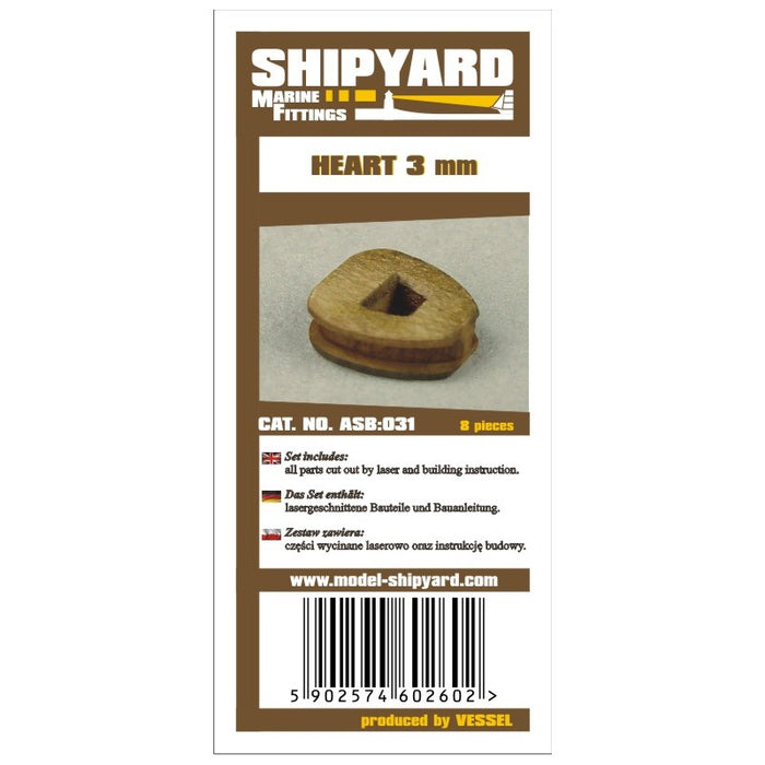 Photo of Shipyard's 3mm Heart Block Card Rigging Kit, showcasing precision-cut heart blocks for detailed model ship rigging.