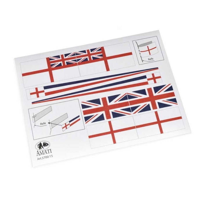 Photo of HMS Victory naval flag replica by Amati, catalog number 5700/15, measuring 8cm by 4cm.