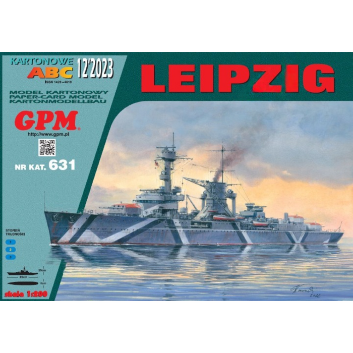 Photo of 1:200 scale German Cruiser Leipzig model kit by GPM, displaying the unassembled cardstock sheets and box.