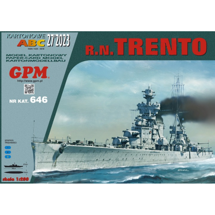 Photo of 1:200 scale Italian Cruiser R.N. Trento cardboard model kit, showing detailed parts and packaging.