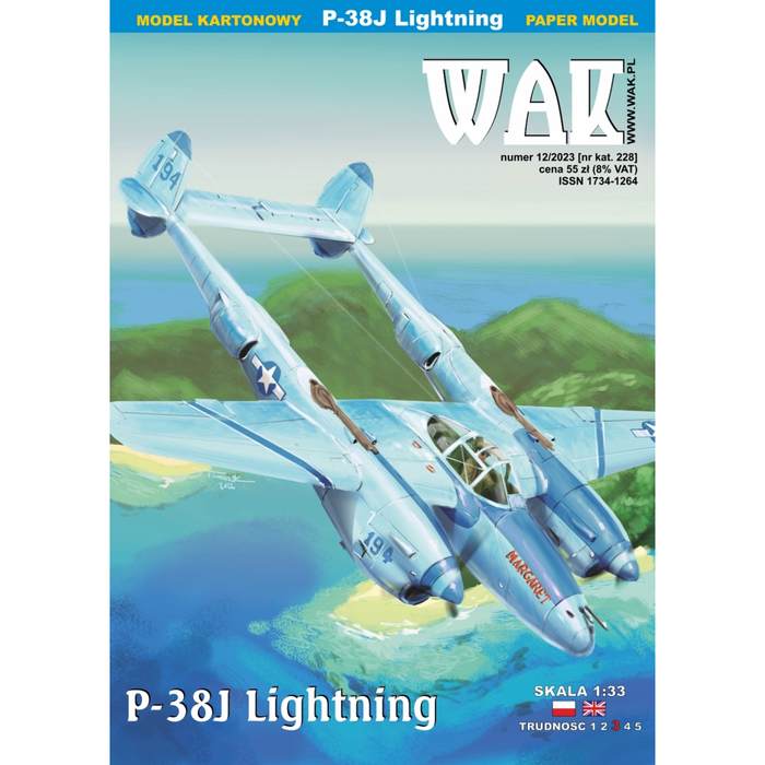 Image showcasing the P-38H LIGHTNING 1:33 Scale Card Model Kit by WAK Publishing, highlighting the kit's intricate details and quality card stock for model building enthusiasts.