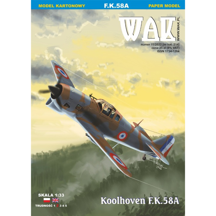 Image showcasing the Koolhoven F.K.58A 1:33 Scale Card Model Kit by WAK Publishing, highlighting the kit's detailed components and historical accuracy.
