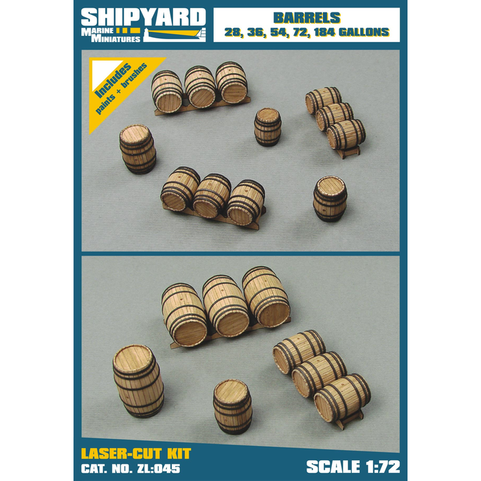 Photo of Shipyard's Barrel Card Model Kit, featuring an array of barrels in sizes 28, 36, 54, 72, and 184 gallons, crafted from high-quality card material for realistic model scenery.