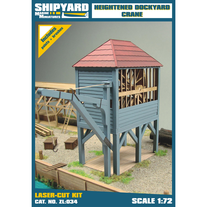 Photo of Shipyard's Heightened Dockyard Crane 1:72 card model kit, highlighting its intricate laser-cut parts and detailed scale design, perfect for historical model building.