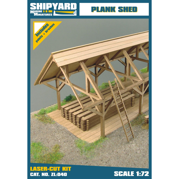 Photo of Shipyard's Plank Shed Card Model Kit, highlighting its laser-cut parts and intricate design, perfect for detailed scale modeling and historical architecture enthusiasts.