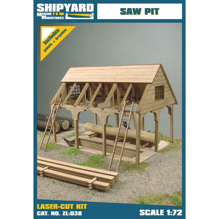 Image of the Saw Pit Card Model Kit by Shipyard, showcasing detailed laser-cut parts and the historical design for an authentic model building experience.