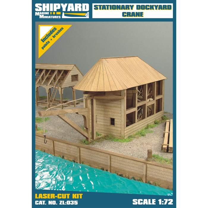 Image of the 1:72 scale Stationary Dockyard Crane model kit by Shipyard, showcasing detailed laser-cut parts and the complete set for assembly.