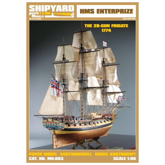 Photo of Shipyard's ENTERPRIZE 1:96 Card Model Kit, highlighting its detailed laser cut parts and the intricate design of the historic ship model.