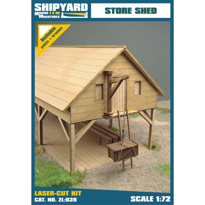 Photo of the Shipyard 1:72 Scale Store Shed model kit, highlighting the detailed laser-cut parts and the potential for adding realistic architectural detail to model dioramas.