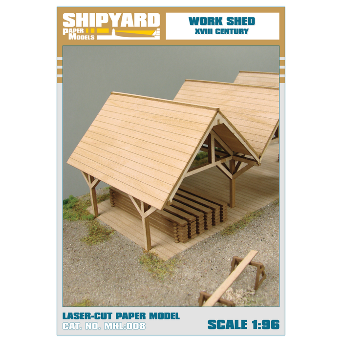 Image of Shipyard's 1:72 Scale Work Shed Model Kit, showcasing detailed laser-cut parts and the realistic texture of the finished product.