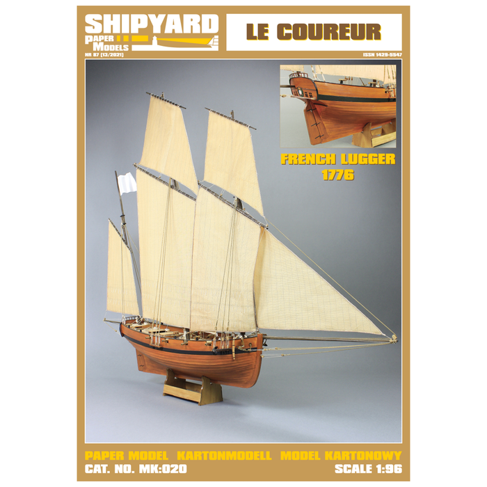 Photo of Shipyard's Le Coureur Card Model Kit 1:96, highlighting the intricate laser-cut frame and detailed components, ideal for creating a historically accurate scale model.