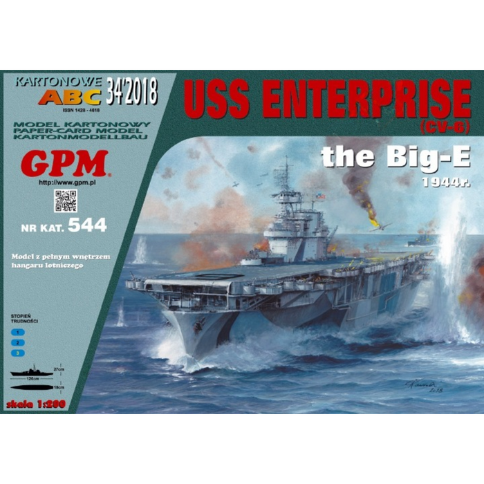 Photo of GPM's USS Enterprise CV-6 Card Model Kit in 1:200 scale, showcasing the detailed replica of the iconic WWII aircraft carrier made from premium cardstock.