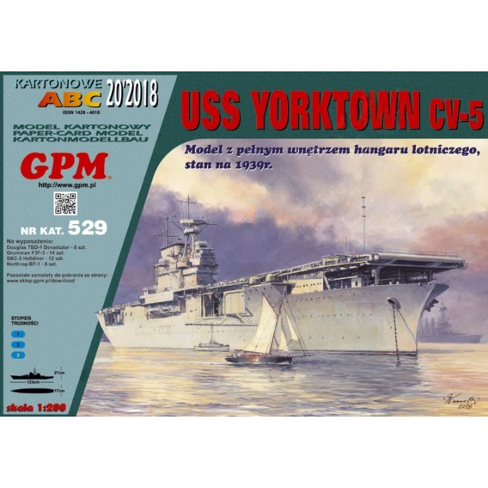 Detailed image of GPM's USS Yorktown (CV-5) Aircraft Carrier Card Model Kit in 1:200 scale, showcasing the intricate design and accuracy of the historic naval vessel.