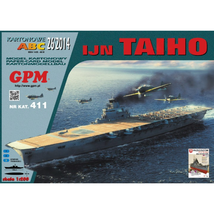 Image of GPM's IJN Taiho Aircraft Carrier card model kit, showcasing the intricate design and detailed scale of this 1:200 scale WWII Japanese naval masterpiece.