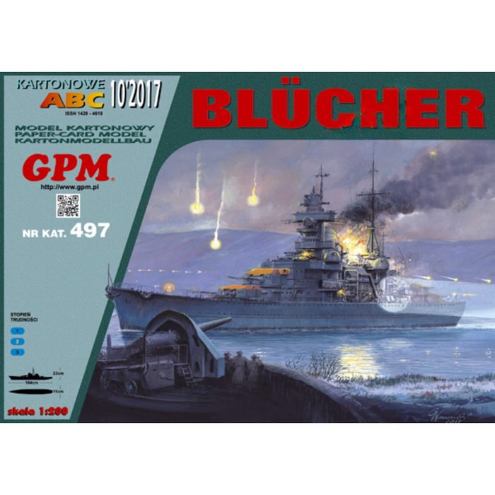 Image of the GPM KMS Blucher Card Model Kit, 1:200 scale, showcasing the detailed components and design of the historic German cruiser, ideal for model ship enthusiasts and history aficionados.