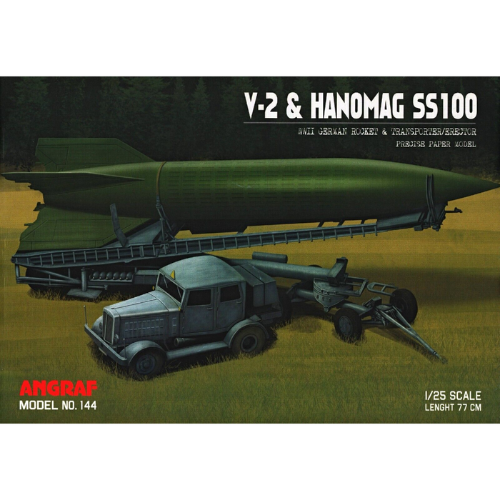 Image showcasing the V-2 Hanomag SS100 WWII German Rocket & Transporter / Erector Card Model Kit by Angraf, highlighting its intricate details and historical accuracy.