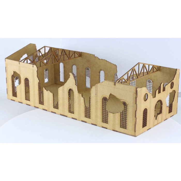 Laser-cut 1:56 scale Destroyed Building Diorama Kit made from 3mm HDF board, showcasing detailed ruins perfect for historical war gaming.
