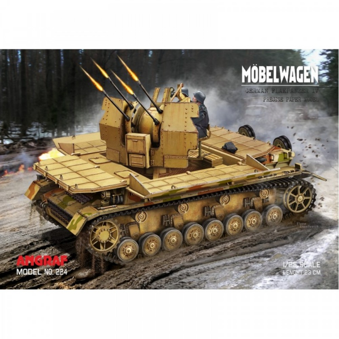 Image of the 1:25 scale Mobelwagen Card Model Kit by Angraf, showcasing the detailed design and quality card stock components of this WWII German anti-aircraft vehicle.