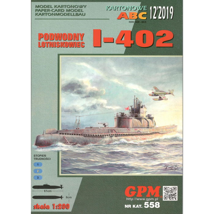 Detailed image of GPM's I-402 Sen-Toku Class Submarine Aircraft Carrier model kit, scale 1:200, showcasing the precision and historical accuracy of the design.